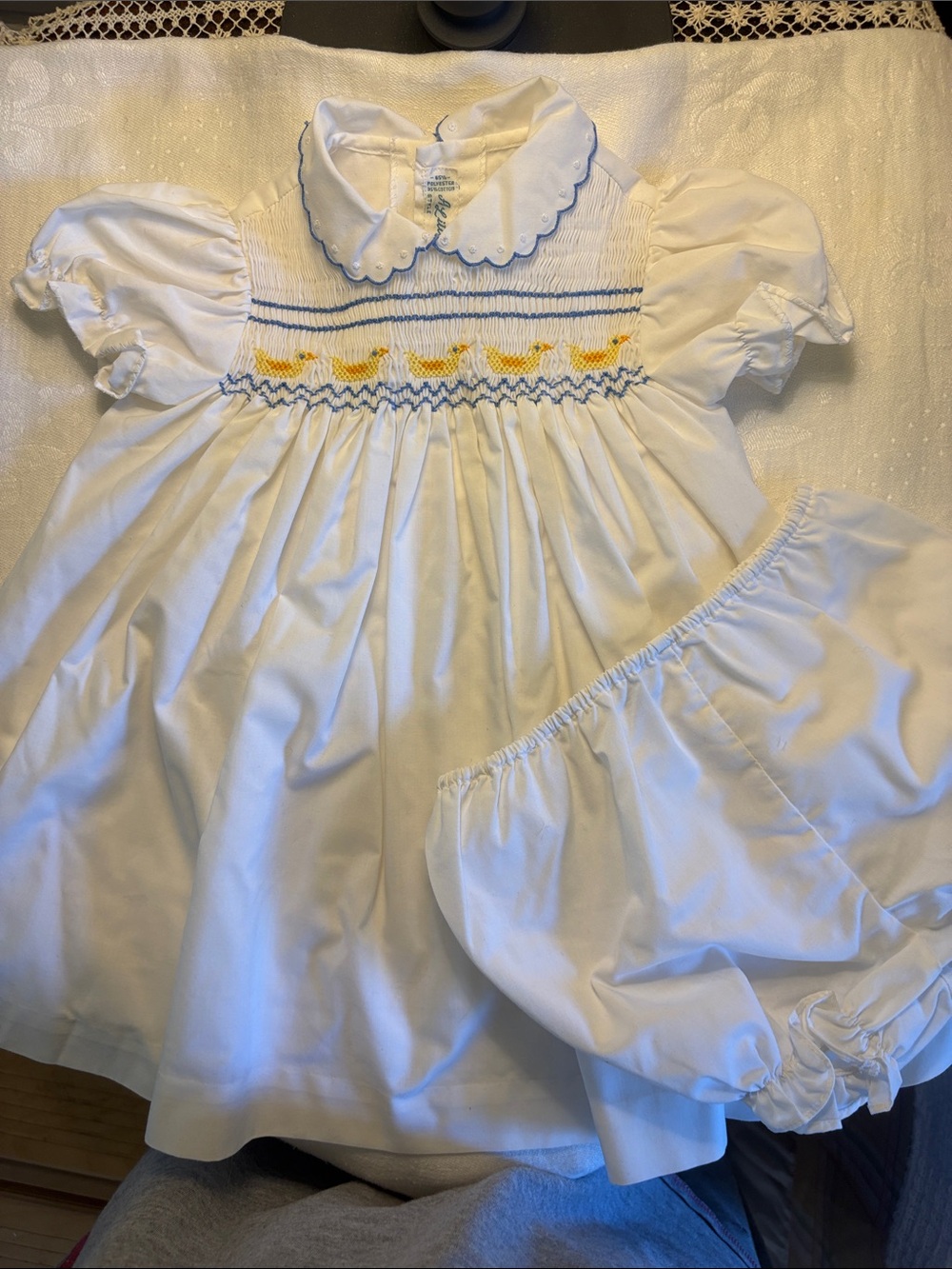 Vintage (1985) White Smocked Baby Dress with Duck Motif